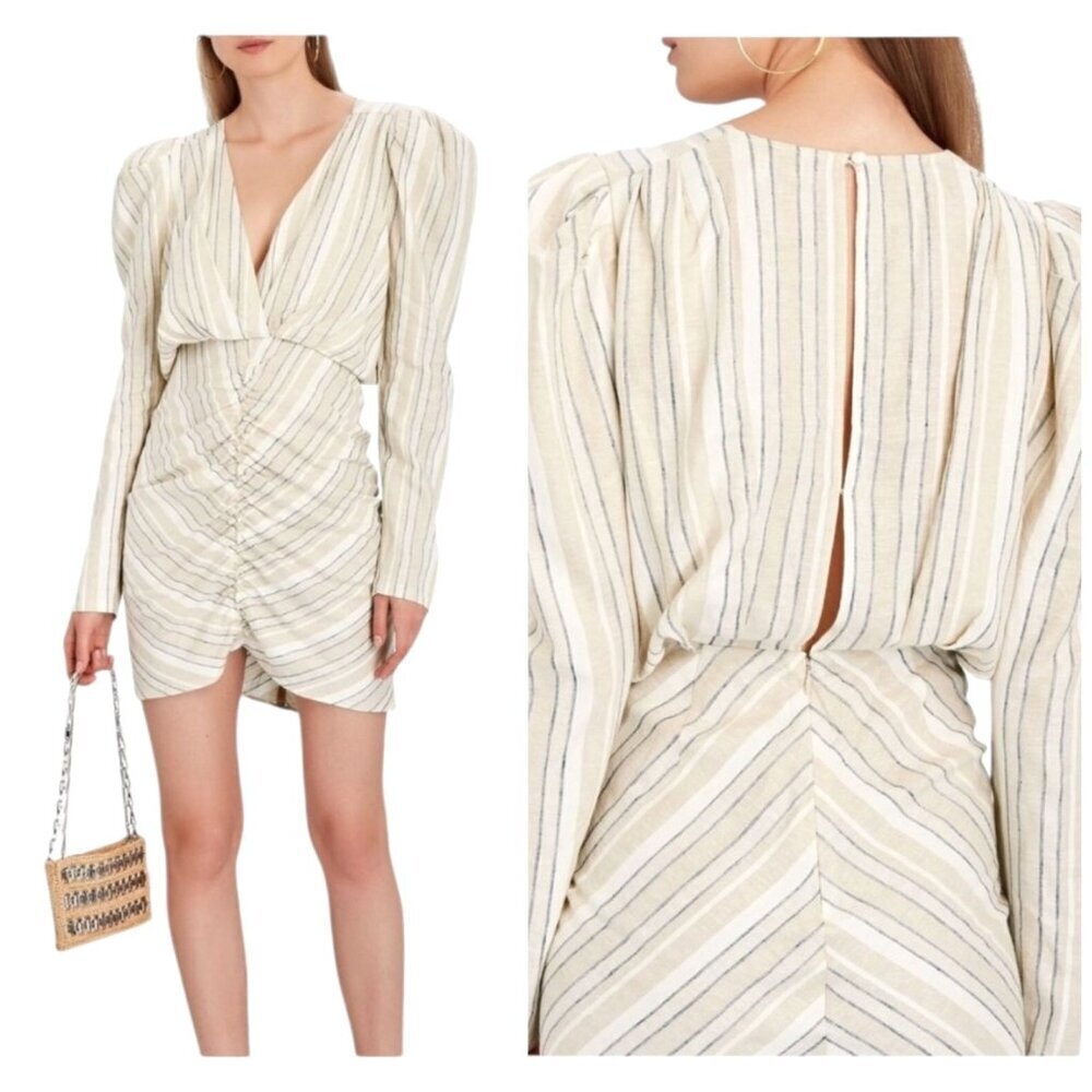 Ronny Kobo Dress Women‎ Large Ivory Tan Striped Linen Blend Puff Sleeve Joslyn